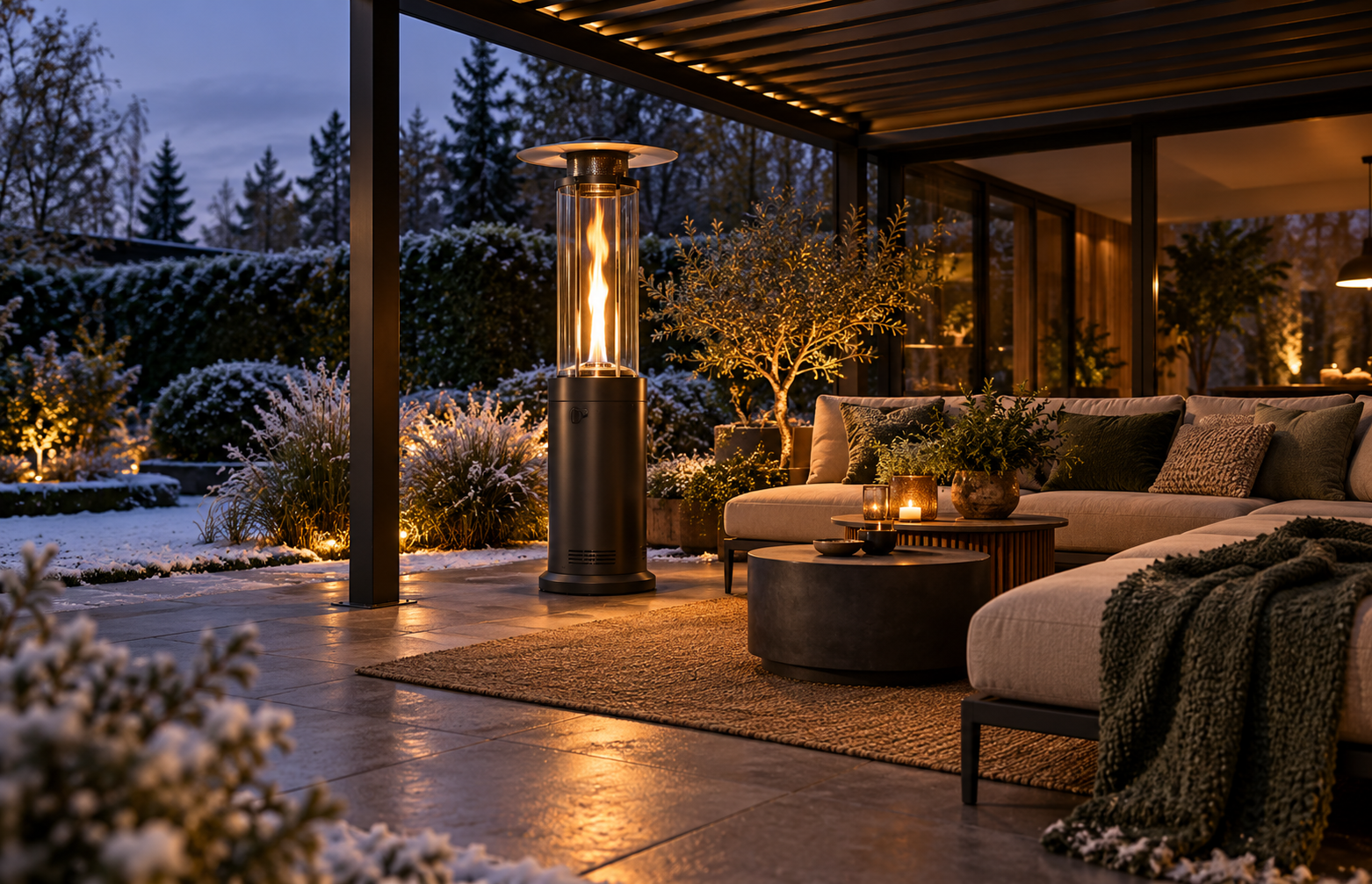 Overdekt terras met terrasverwarmer in de winter